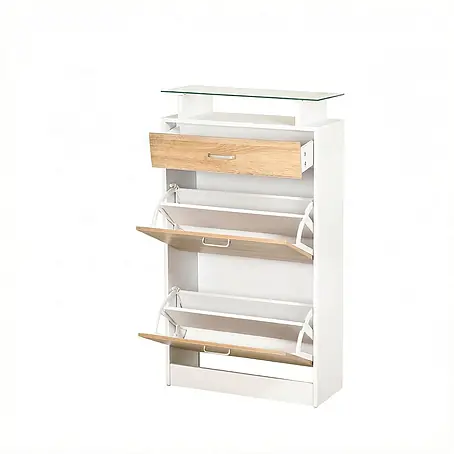 SONNENH Schuhschrank 60 x 24 x 105,5 cm, 2 Klappfächer, Weiß/Eichenoptik