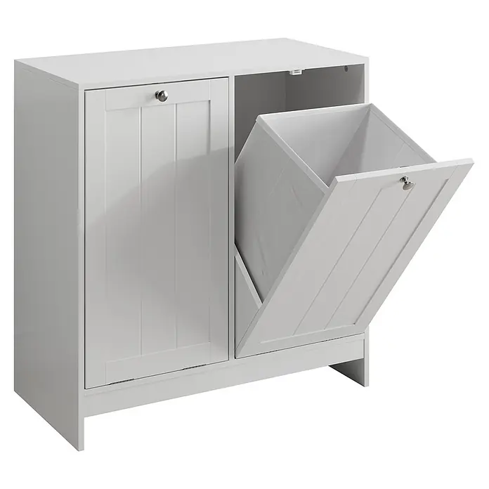 SONNENH Wäscheschrank 66 x 33 x 68 cm, Weiß -  - Weißer Wäscheschrank mit zwei Fächern; eine Tür ist geschlossen, die andere ist gekippt und zeigt einen hellgrauen Wäschesack.
