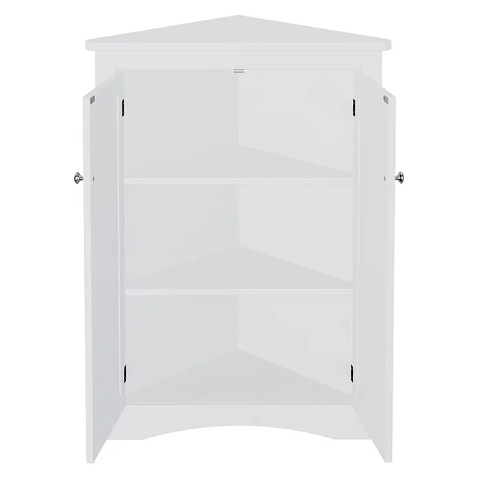 SONNENH Eckschrank 61,5 x 34,5 x 80 cm, Weiß -  - Weißer Eckschrank mit zwei offenen Türen, der drei dreieckige Innenablagen zeigt.