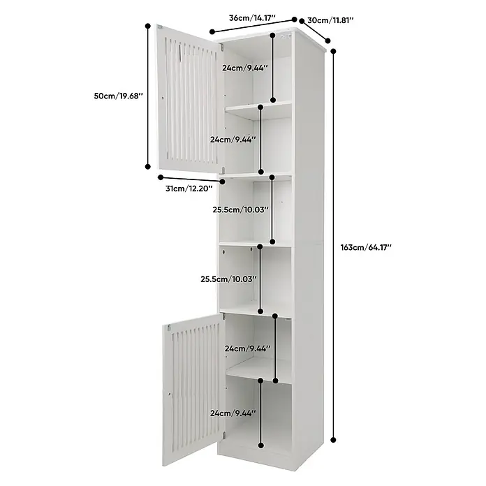 SONNENH Hochschrank 36 x 30 x 163 cm, Weiß -  - Weißer, hoher Aufbewahrungsschrank mit zwei Lamellentüren (oben und unten) und offenen Regalböden in der Mitte, mit detaillierten Maßen.