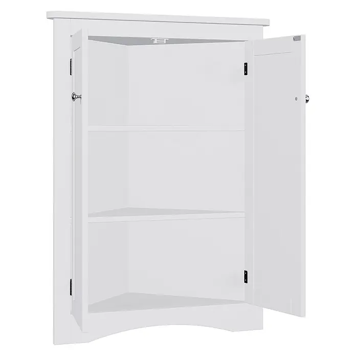 SONNENH Eckschrank 61,5 x 34,5 x 80 cm, Weiß -  - Weißer Eckschrank mit zwei offenen Türen, der zwei Innenböden zeigt.