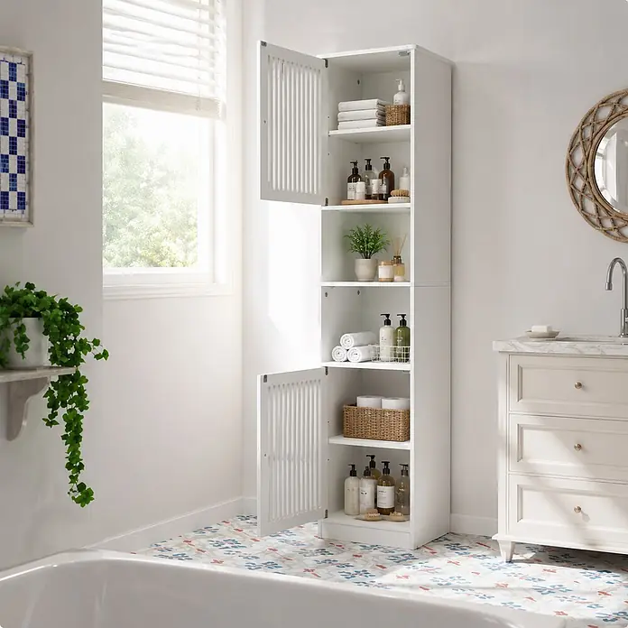 SONNENH Hochschrank 36 x 30 x 163 cm, Weiß -  - Weißer hoher Badezimmerschrank mit offenen Lamellentüren, Regalen mit Handtüchern und Pflegeprodukten.