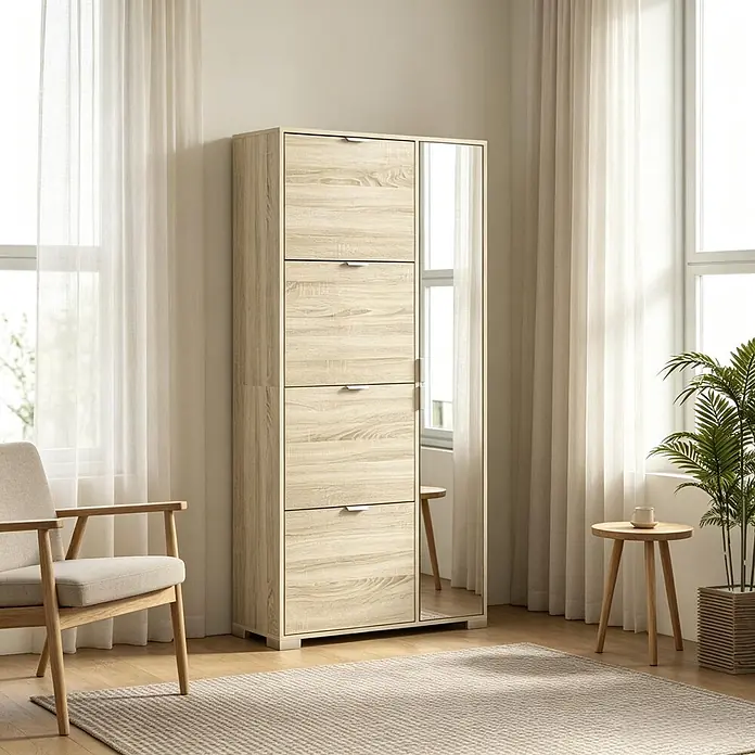 SONNENH Schuhschrank 82 x 30 x 168 cm, 4 Klappfächer, Eichenoptik -  - Schuhschrank aus hellem Holz mit 4 Kippfächern und einer Spiegeltür, in einem Raum stehend.