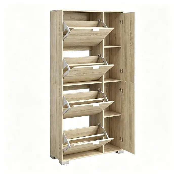 SONNENH Schuhschrank 82 x 30 x 168 cm, 4 Klappfächer, Eichenoptik -  - Heller Schuhschrank in Holzoptik mit mehreren aufklappbaren Schuhfächern und einem Seitenfach mit Regalen.