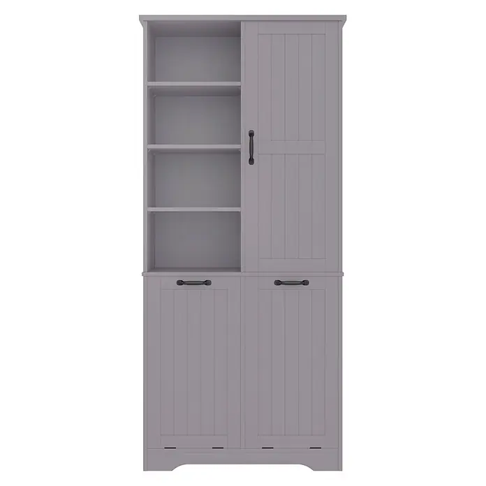 SONNENH Hochschrank 78 x 35 x 172,7 cm, Grau -  - Grauer Holzschrank mit offenen Fächern, Schiebetür und zwei unteren Fächern mit schwarzen Griffen.