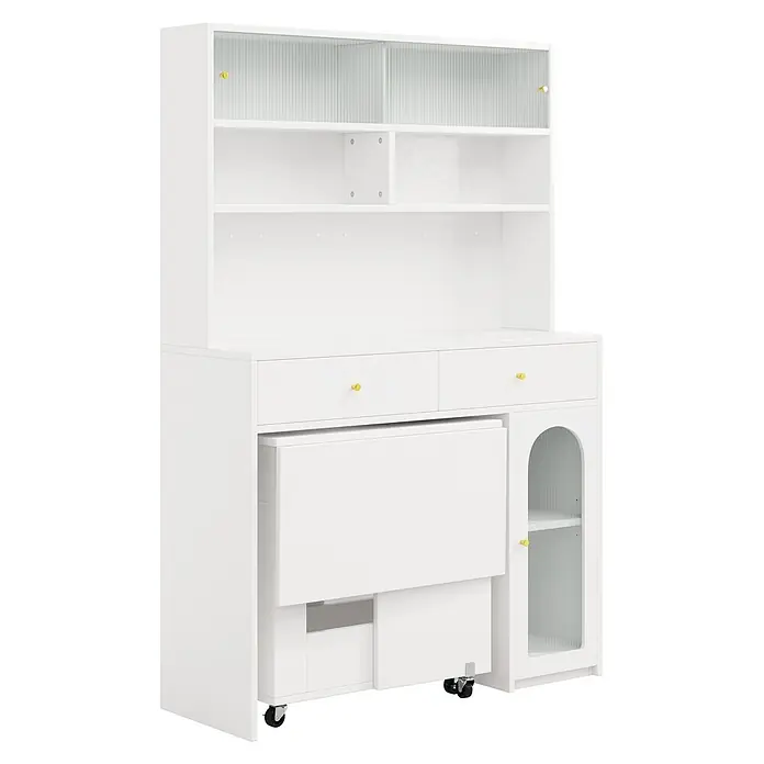 SONNENH Mehrzweckschrank 120 x 45 x 180 cm, Weiß -  - Weißer Schreibtischaufsatz mit goldenen Knöpfen, Rillenglas, verstellbaren Regalen, Schubladen und ausziehbarem Rollschreibtisch.