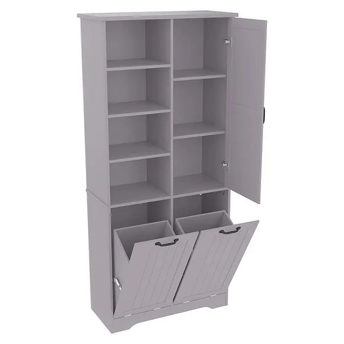 SONNENH Hochschrank 78 x 35 x 172,7 cm, Grau -  - Grauer Aufbewahrungsschrank mit offener Tür, der Regale und zwei offene Kippbehälter unten zeigt.