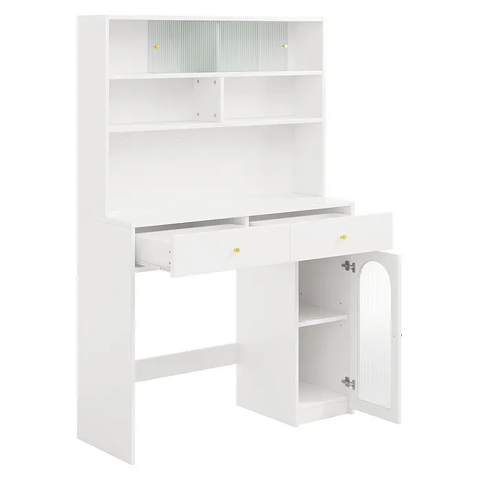 SONNENH Mehrzweckschrank 120 x 45 x 180 cm, Weiß -  - Weißer Schreibtisch mit Aufsatz, Goldknöpfen, geriffelten Glastüren, zwei Schubladen (eine offen) und offenen Regalen.
