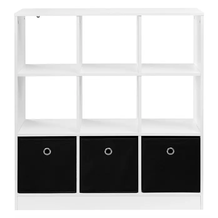 SONNENH Würfelregal 80 x 30 x 86,5 cm, 3 Schubladen, Schwarz/Weiß -  - Weißes 9-Würfel-Regal mit 3 schwarzen Stoffkörben.