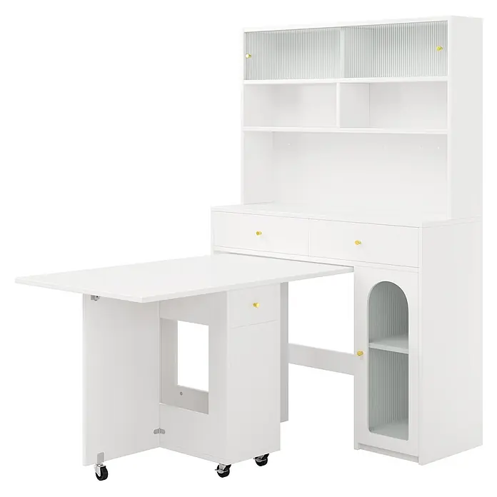 SONNENH Mehrzweckschrank 120 x 45 x 180 cm, Weiß -  - Weißes multifunktionales Schreibtisch- und Aufbewahrungsmöbel mit goldenen Knöpfen und geriffelten Glastüren, inklusive klappbarem Tisch auf Rollen und Fächern.
