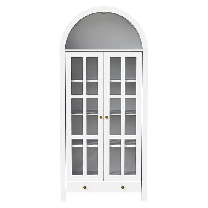 SONNENH Mehrzweckschrank 75 x 35 x 170,5 cm, Weiß -  - Weißer gewölbter Vitrinenschrank mit Glastüren, Innenregalen und zwei Schubladen mit goldfarbenen Knöpfen.