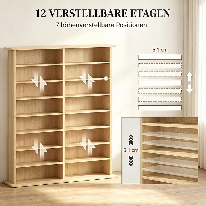SONNENH Medienregal 106,5 x 24 x 126,3 cm, 16 Fächer, Natur -  - Helles Holzregal mit 12 verstellbaren Böden, 7 Höhenpositionen und 5,1 cm Verstellbereich für optimale Lagerung.