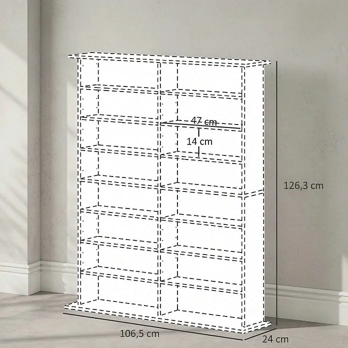 SONNENH Medienregal 106,5 x 24 x 126,3 cm, 16 Fächer, Natur -  - Weißes Mehrfachfach-Regal, 126,3x106,5x24 cm, mit Innenfächern 47 cm breit und 14 cm hoch.