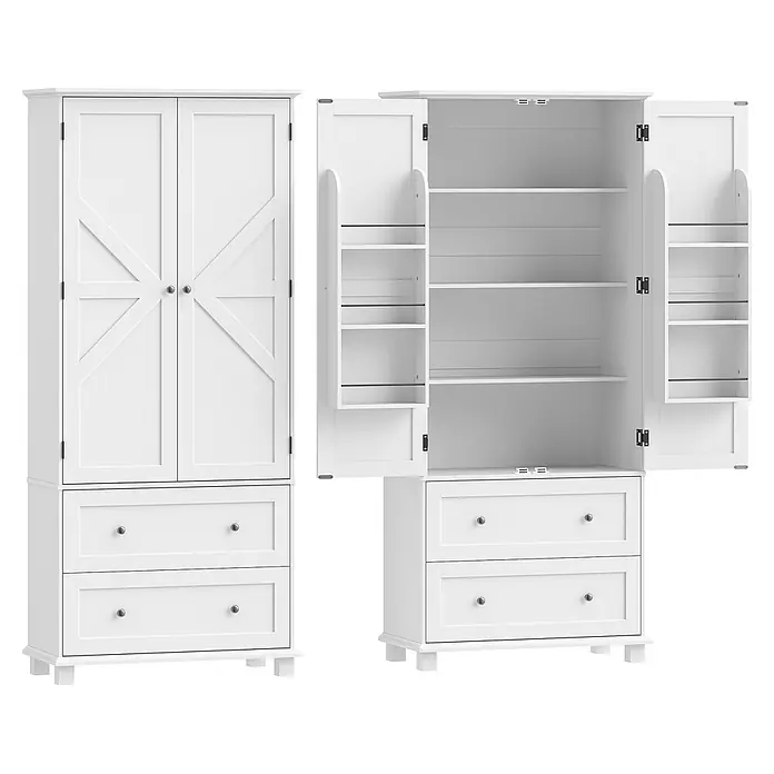 SONNENH Küchenschrank 80 x 39,5 x 184,5 cm, Weiß -  - Weißer Holzschrank mit Scheunentor-Türen oben und zwei unteren Schubladen. Geschlossen und offen mit Innenablagen und Türstauraum gezeigt.