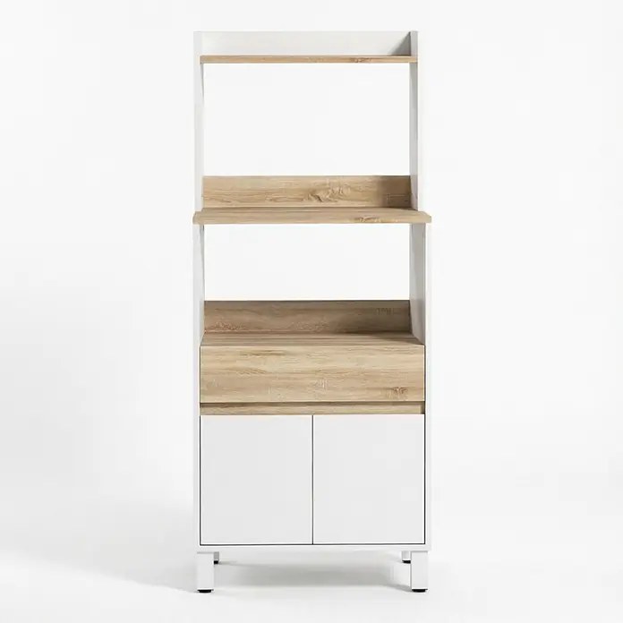 SONNENH Mikrowellenschrank 60 x 40 x 131 cm, Weiß -  - Weißes und helles Holzregal mit offenen Fächern und einem zweitürigen Unterschrank.