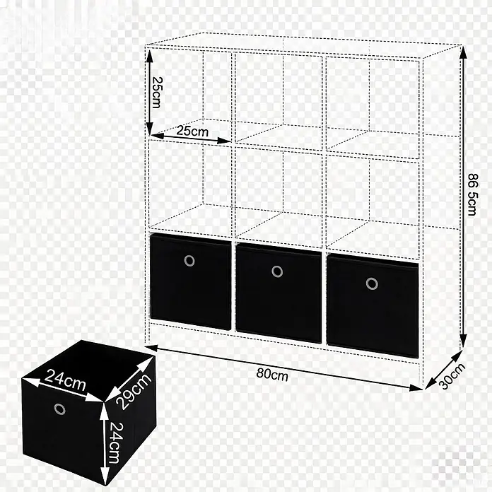 SONNENH Würfelregal 80 x 30 x 86,5 cm, 3 Schubladen, Schwarz/Eichenoptik -  - Schwarzes modulares Würfelregal mit drei schwarzen Stoffkörben, Maße 80x30x86,5cm.