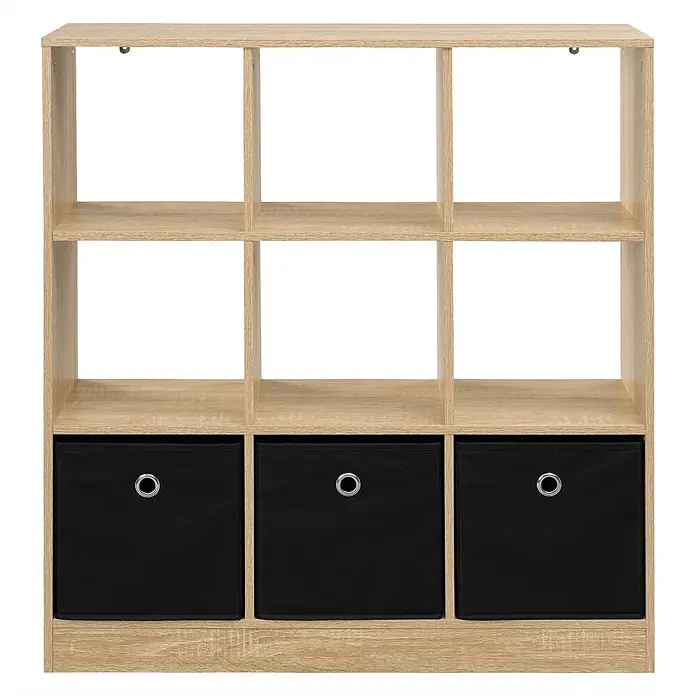 SONNENH Würfelregal 80 x 30 x 86,5 cm, 3 Schubladen, Schwarz/Eichenoptik -  - Helles Regal mit Holzoptik und 9 Fächern, drei davon mit schwarzen Stoffbehältern.