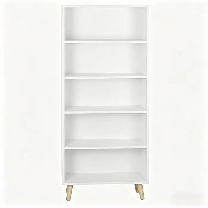 SONNENH Bücherregal 60 x 24 x 144 cm, 5 Fächer, Weiß -  - Weißes Bücherregal mit fünf Fächern und hellen Holzbeinen.