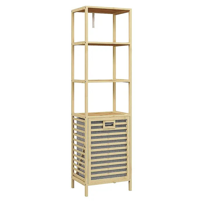 SONNENH Bambusregal 44 x 33 x 160 cm, 3 Ablagen, Natur -  - Bambusregal mit drei offenen Ablagen und einem ausziehbaren grauen Stoff-Wäschekorb unten.