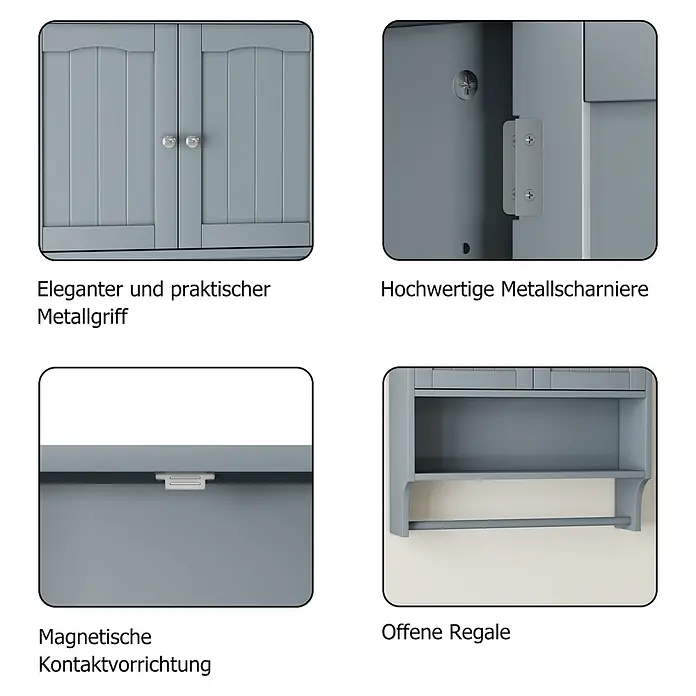 SONNENH Hängeschrank 56,8 x 19 x 70 cm, 3 Fächer, Hellgrau -  - Graue Schrankdetails: Metallgriffe, hochwertige Metallscharniere, Magnetverschluss, offene Regale mit Handtuchstange.