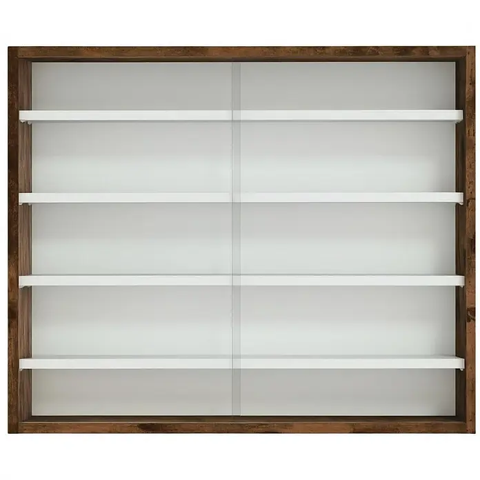 SONNENH Wandvitrine 80 x 9,5 x 60 cm, 5 Einlegeböden, Braun/Weiß -  - Vitrine mit dunklem Holzrahmen, weißen Regalböden und Glasschiebetüren.