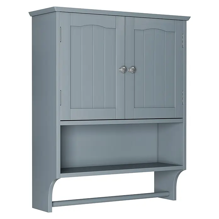 SONNENH Hängeschrank 56,8 x 19 x 70 cm, 3 Fächer, Hellgrau -  - Grauer Wandschrank mit zwei Lamellentüren, offenem Regal und Handtuchhalter, ideal zur Badaufbewahrung.