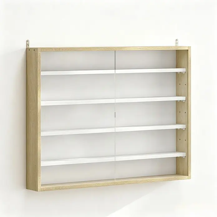 SONNENH Wandvitrine 80 x 9,5 x 60 cm, 4 Ablagen, Eichenoptik/Weiß -  - Hängende Vitrine aus hellem Holz mit weißen Regalböden und transparenten Schiebetüren.