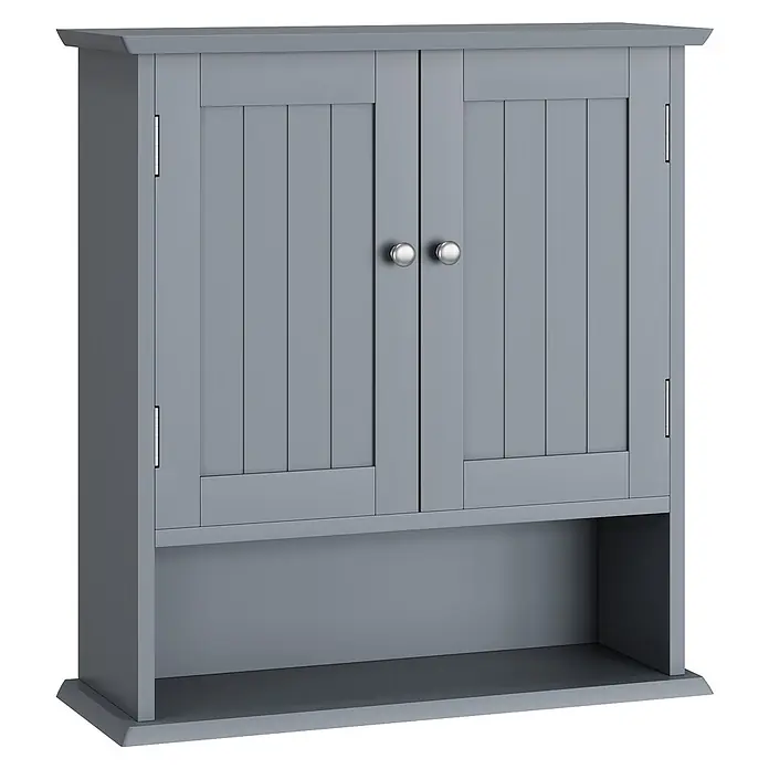 SONNENH Hängeschrank 54,6 x 19,8 x 60 cm, 3 Fächer, Hellgrau -  - Grauer Wandschrank aus Holz mit zwei Kassettentüren, silbernen Knöpfen und einem offenen Bodenregal.