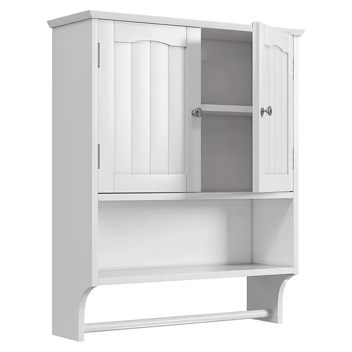 SONNENH Hängeschrank 56,8 x 19 x 70 cm, 3 Fächer, Weiß -  - Weißer Wandbadezimmerschrank mit zwei Türen (eine offen) und einer offenen Ablage mit Handtuchstange.