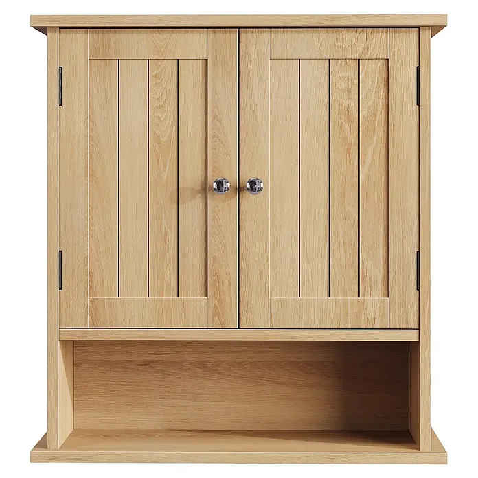 SONNENH Hängeschrank 50 x 20 x 60 cm, 1 offenes Fach, Eichenoptik -  - Wandhängeschrank aus hellem Naturholz mit zwei getäfelten Türen und offenem Ablagefach darunter, mit Chromknäufen.