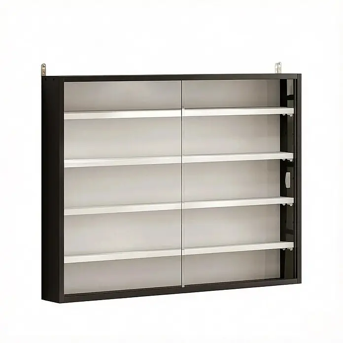 SONNENH Hängeschrank 80 x 9,5 x 60 cm, 5 Fächer, Schwarz/Weiß -  - Schwarzer Wandschrank mit mehreren weißen Ablagen und Schiebetüren.