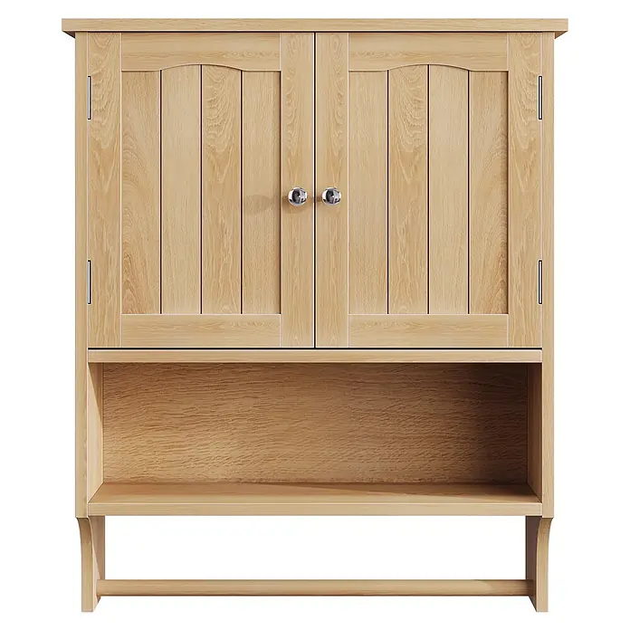 SONNENH Hängeschrank 56,9 x 19,1 x 70,1 cm, 1 offene Ablage, Eichenoptik -  - Hellholz-Wandschrank mit zwei Kassettentüren, silbernen Knäufen, offenem Regal und Handtuchstange, für Bad oder Küche.