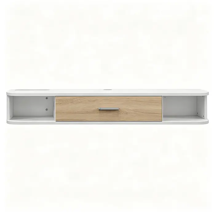 SONNENH TV-Wandschrank 120 x 26 x 16 cm, 2 offene Fächer, Weiß -  - Weißes wandmontiertes Hängeregal mit zwei offenen Fächern und einer mittigen Schublade mit Holzfront und silbernem Griff.