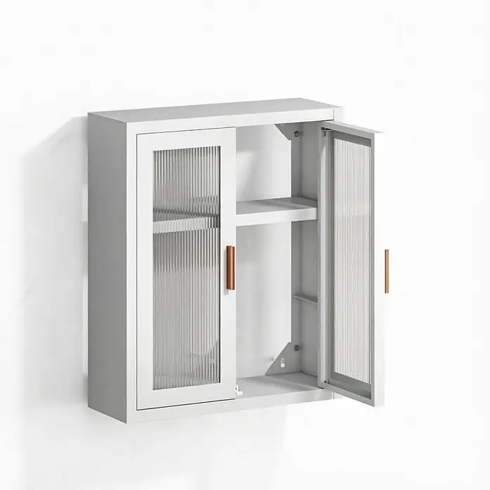 SONNENH Hängeschrank 40 x 14 x 50 cm, 2 Ebenen, Weiß -  - Hellgrauer Wandschrank mit Riffelglastüren und Kupfergriffen. Eine Tür offenbart Innenregale.