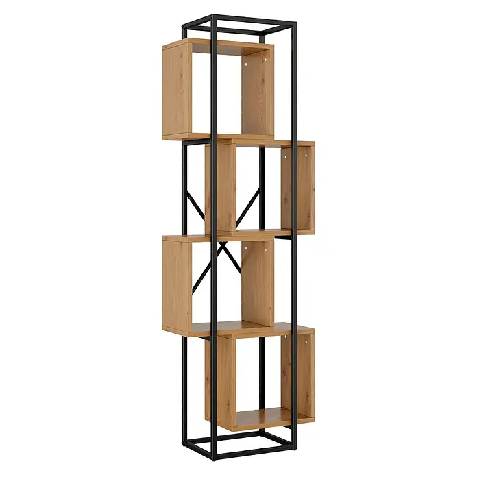 SONNENH Metallregal 59 x 30 x 180 cm, 4 Fächer, Schwarz/Braun -  - Geometrisches Bücherregal mit schwarzem Metallrahmen und hellen Holzkästen.
