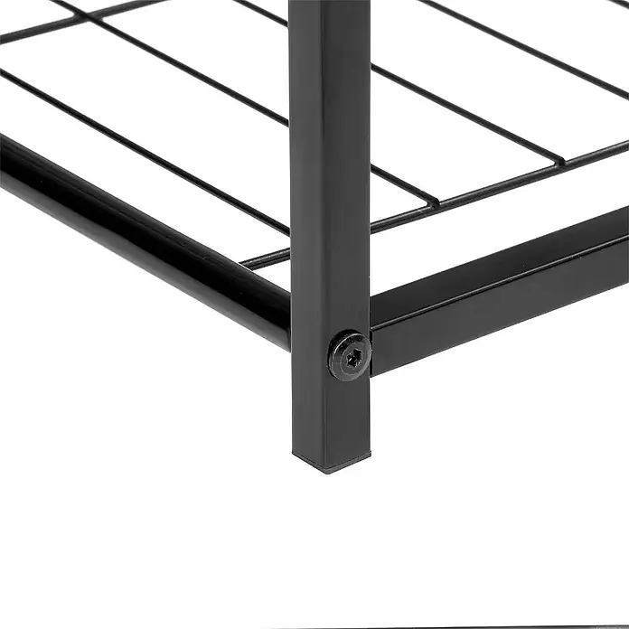 SONNENH Metallregal 63 x 30 x 83 cm, 4 Metallböden, Schwarz/Rustikalbraun -  - Detail einer schwarzen Metallregaleinheit mit einem Vierkantbein, einer horizontalen Stange und einem Gitterboden, verbunden durch eine Sechskantschraube.
