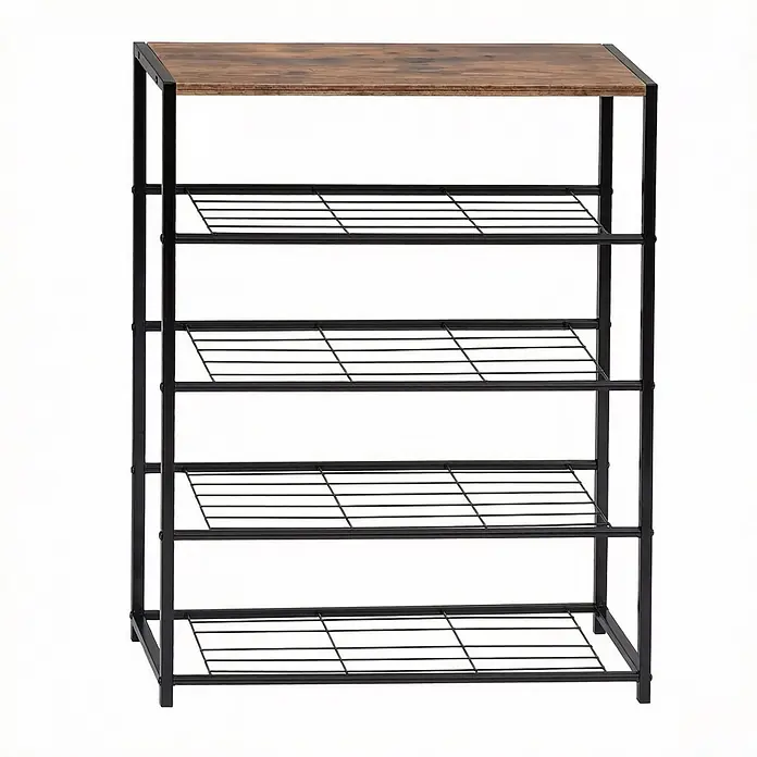 SONNENH Metallregal 63 x 30 x 83 cm, 4 Metallböden, Schwarz/Rustikalbraun -  - Fünfstufiges Schuhregal mit rustikaler Holzplatte und vier schwarzen Drahtböden aus Metall.