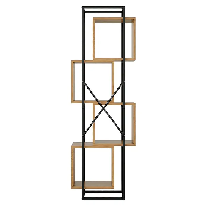 SONNENH Metallregal 59 x 30 x 180 cm, 4 Fächer, Schwarz/Braun -  - Hohes Bücherregal mit schwarzem Metallrahmen und hellen, versetzten Holzregalen. Mit X-förmiger Rückenstrebe.