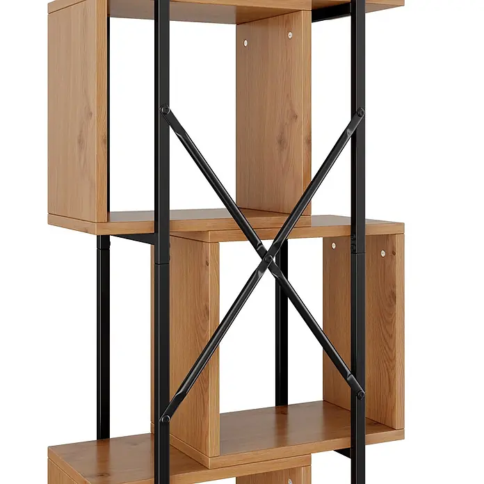 SONNENH Metallregal 59 x 30 x 180 cm, 4 Fächer, Schwarz/Braun -  - Modernes Bücherregal im Industrial-Stil mit hellen Holz-Effekt-Regalen und schwarzem Metallrahmen mit X-förmiger Rückenstrebe.