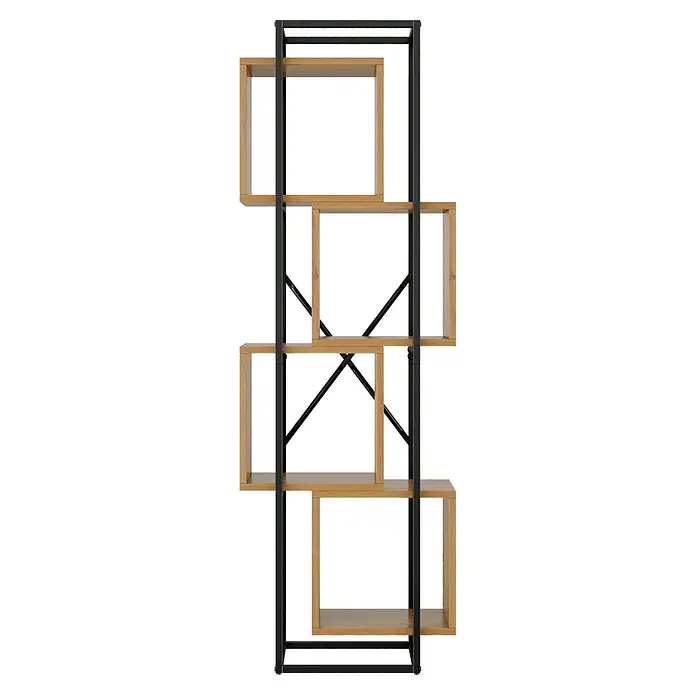 SONNENH Metallregal 59 x 30 x 180 cm, 4 Fächer, Schwarz/Braun -  - Asymmetrisches Bücherregal mit schwarzem Metallrahmen und hellen Holz-Kubusablagen.