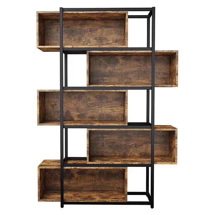 SONNENH Metallregal 121 x 35 x 176 cm, 5 Etagen, Schwarz/Braun -  - Industrielles Bücherregal mit schwarzem Metallrahmen und dunklen, distressed Holzregalen, asymmetrisch angeordnet.
