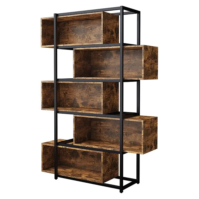 SONNENH Metallregal 121 x 35 x 176 cm, 5 Etagen, Schwarz/Braun -  - Industrielles Bücherregal mit dunklen rustikalen Holzfächern und schwarzem Metallrahmen, asymmetrisch angeordnet.