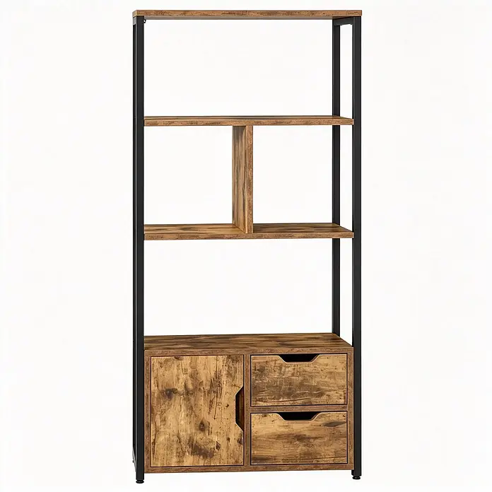 SONNENH Metallregal 58 x 24 x 122 cm, 3 Ablagen, Schwarz/Holzoptik -  - Rustikales braun-schwarzes Bücherregal im Industriestil mit offenen Fächern, einem Schrank und zwei Schubladen.