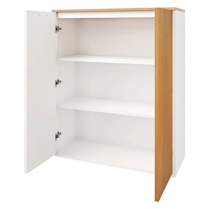 SONNENH Aktenschrank 80 x 40 x 110 cm, 3 Fächer, Weiß/Eichenoptik -  - Offener weißer Schrank mit heller Holzplatte und Seitenpaneel, der drei Innenregale und Metallscharniere zeigt.