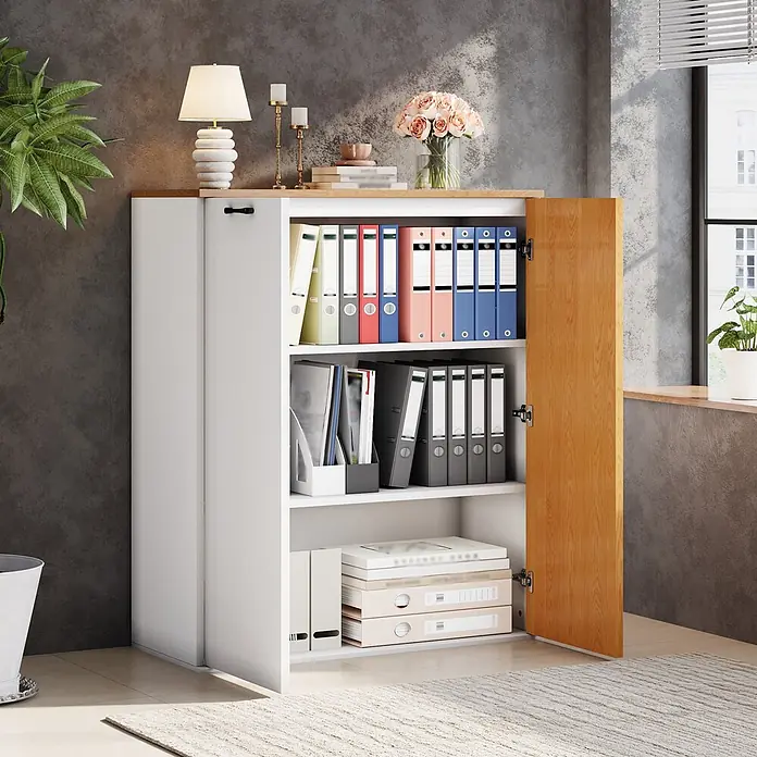 SONNENH Aktenschrank 80 x 40 x 110 cm, 3 Fächer, Weiß/Eichenoptik -  - Weißer Aktenschrank mit heller Holzplatte und offener Tür, gefüllt mit Aktenordnern und Bürodateien.
