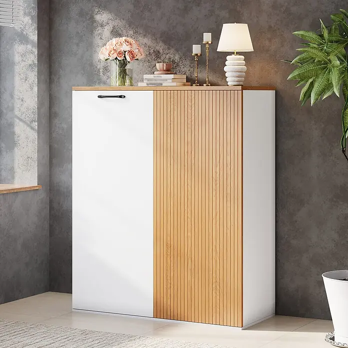 SONNENH Aktenschrank 80 x 40 x 110 cm, 3 Fächer, Weiß/Eichenoptik -  - Zweitüriger Schrank mit weißen und Holzlamellenfronten, Holzplatte.