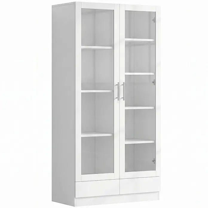 SONNENH Aktenschrank 80 x 40 x 160 cm, 9 Fächer, Weiß -  - Weißer Hochschrank mit zwei Glastüren, Einlegeböden und zwei unteren Schubladen.