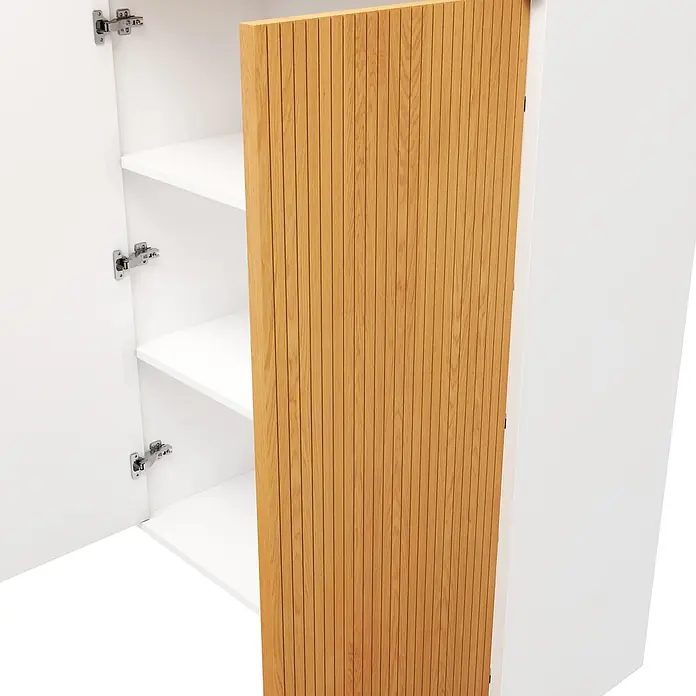 SONNENH Aktenschrank 80 x 40 x 110 cm, 3 Fächer, Weiß/Eichenoptik -  - Offener weißer Schrank mit Holzlamellentür, der weiße Ablagen und Metallscharniere zeigt.