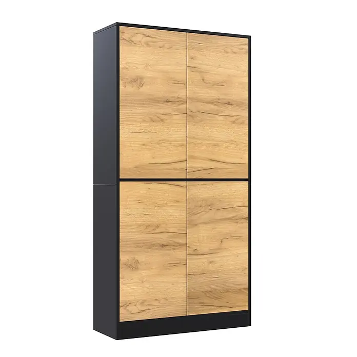 SONNENH Aktenschrank 80 x 35 x 180 cm, 2 Einlegeböden, Schwarz/Eichenoptik -  - Hoher zweifarbiger Lagerschrank mit vier hellen Holzmaserungstüren und einem dunkelgrauen Rahmen und Sockel.