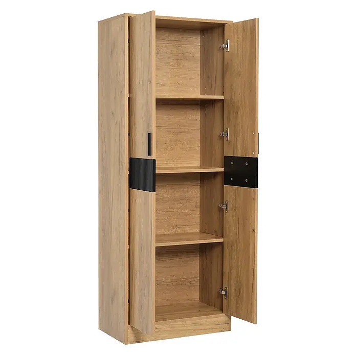 SONNENH Aktenschrank 60 x 35 x 160 cm, 2 Einlegeböden, Eichenoptik -  - Hellbrauner Holzschrank mit offenen Türen, der mehrere Regalböden und schwarze Akzente zeigt.